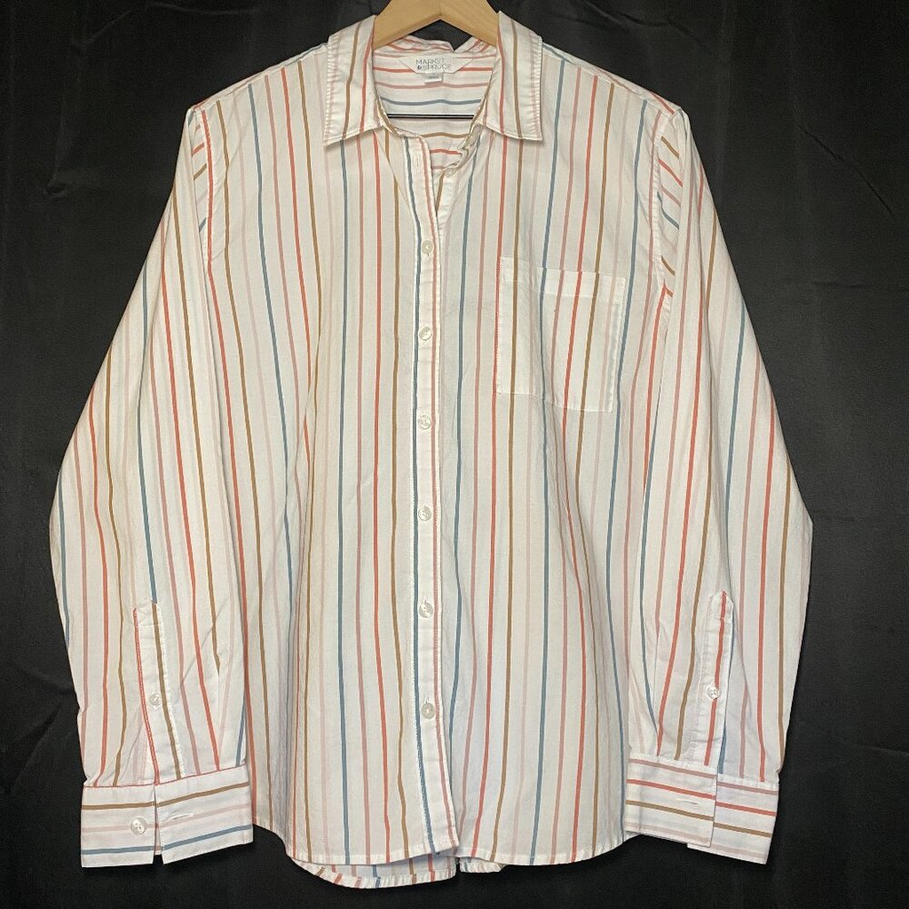 Market & Spruce Sohla Poplin Button Down Shirt Womens L Verticle Stripe White
